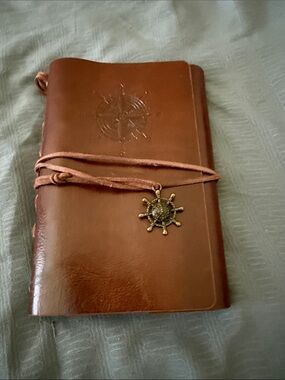 Classic Brown Leather Wrapped Journal for Men with Nautical Wheel Charm